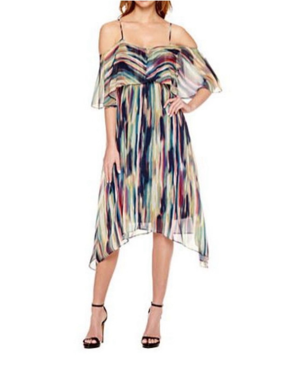 a.n.a Off-Shoulder Watercolor Stripe Asymmetrical Midi Dress - Navy, Teal, Red
